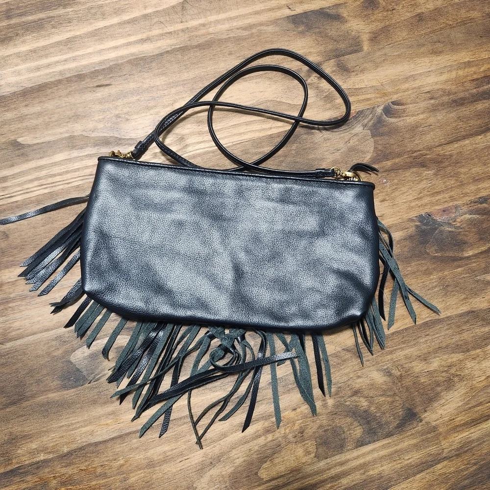 The Sak Filmore Leather 3 in 1 Black Clutch Shoulder Crossbody Woven With Fringe - Picture 2 of 13